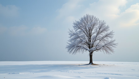 A stunning winter scene featuring a solitary tree blanketed in snow against a backdrop of a soft blue sky and gentle clouds, evoking peace and serenity.の素材