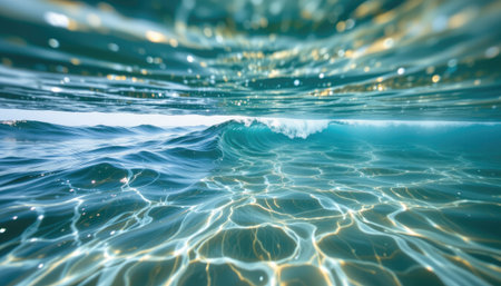 Experience the stunning beauty of an underwater ocean scene, featuring waves sparkling under sunlight with mesmerizing turquoise colors and serene patterns.の素材