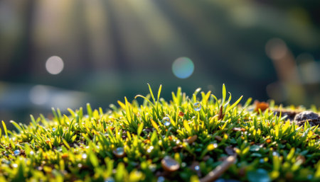 A captivating close-up of dewy grass glistening in the morning sun, showcasing delicate droplets and soft bokeh, perfect for nature-themed projects.の素材