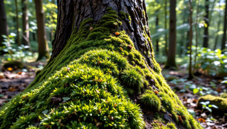 A close-up view of vibrant green moss covering a tree trunk in a tranquil forest setting. Soft sunlight filters through surrounding leaves, creating a serene atmosphere perfect for nature lovers.の素材