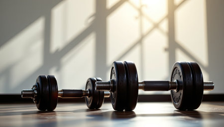 A serene gym atmosphere highlighted by three black dumbbells arranged neatly, casting dynamic shadows in a sunlit space, perfect for fitness enthusiasts.の素材
