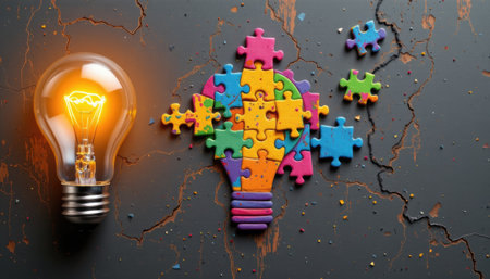 This artwork features a light bulb comprised of colorful puzzle pieces against a dark, cracked background, symbolizing creativity and innovation.の素材