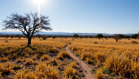 A stunning view of a vast landscape features golden grasses and a single tree illuminated by sunlight. The clear blue sky enhances the serene atmosphere, making it perfect for nature enthusiasts.の素材