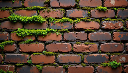 A close-up view of a rustic red brick wall adorned with vibrant green moss, showcasing the beauty of natureの素材