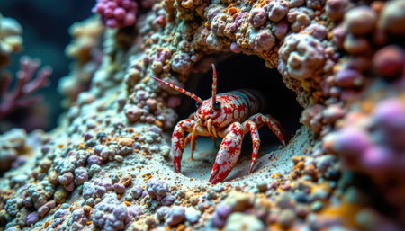 A vibrant lobster is seen emerging from its coral reef cave in this stunning underwater photograph, showcasing the beauty of marine habitats.の素材