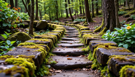 A serene stone pathway winds through a vibrant green forest, adorned with lush moss and colorful foliage, inviting exploration and peaceful reflection.の素材