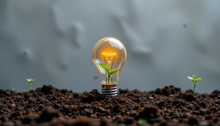A light bulb illuminates with a green plant growing from the soil, representing the fusion of nature and sustainable energy solutions. This image showcases growth and innovation.の素材
