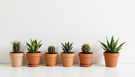 A visually appealing arrangement of various potted plants, including cacti and succulents, showcased on a light background, perfect for home decor.の素材
