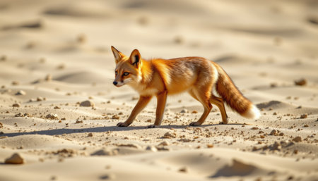 A stunning fox navigates through golden sandy dunes, showcasing its vibrant fur against a natural backdrop. This captivating scene captures the essence of wildlife exploration in a serene desert environment.の素材