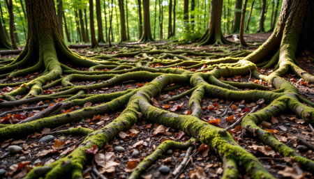 This captivating forest scene features intricate tree roots sprawling across the ground, surrounded by vibrant leaves and sunlit greenery, embodying nature's beauty.の素材