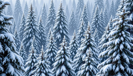 Immerse yourself in the beauty of a winter wonderland with this stunning image of a dense forest filled with snow-covered pine trees, showcasing nature's tranquility.の素材