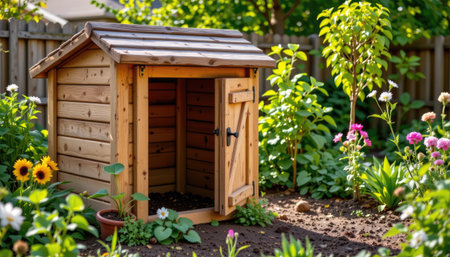 A charming wooden dog house sits empty in a vibrant garden, surrounded by colorful flowers and sunlit greenery, showcasing a tranquil outdoor space.の素材