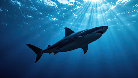 A captivating image of a shark swimming elegantly beneath the surface of the ocean, illuminated by beams of sunlight. This stunning underwater scene portrays the beauty of marine life.の素材