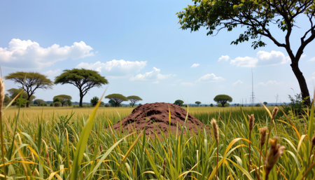 This stunning landscape showcases vibrant green rice fields with a prominent red soil mound, framed by acacia trees under a bright blue sky, evoking tranquility.の素材