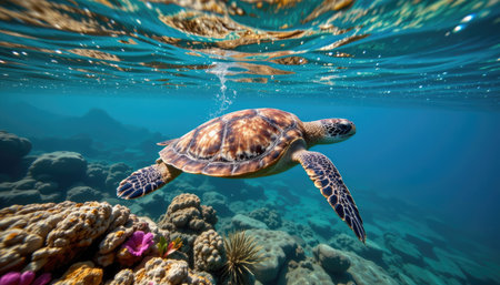 This captivating image features a sea turtle gracefully swimming through clear ocean waters, surrounded by colorful coral reefs and marine life.の素材