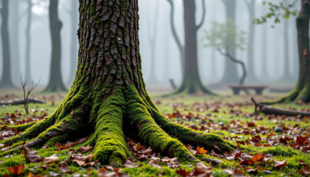 A stunning view of a tree trunk adorned with vibrant green moss, surrounded by fallen autumn leaves in a misty forest, creating a serene atmosphere.の素材