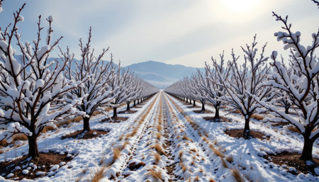 A breathtaking winter landscape showcasing snow-covered trees lining a quiet pathway through an orchard, with mountains in the distance, capturing nature's beauty.の素材