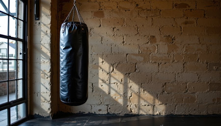 A striking image of a black punching bag suspended in a sunlit corner of an industrial gym, with textured walls and shadows creating a serene atmosphere.の素材