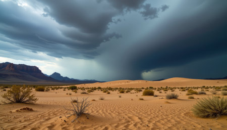 A striking desert landscape showcasing a contrasting stormy sky above a serene sandy terrain with distant mountains creating an atmospheric scene.の素材
