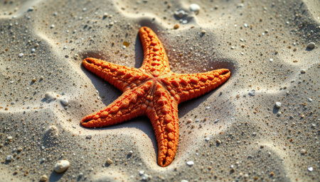 A vibrant orange starfish rests on a sandy beach, creating a stunning contrast against the textured surface. Ideal for nature and marine-themed visuals.の素材