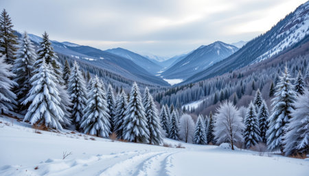 This captivating winter landscape showcases snow-covered trees and majestic mountains, creating a serene atmosphere perfect for nature lovers.の素材