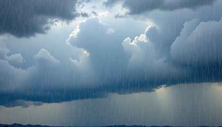 Dark storm clouds gather ominously over a landscape, with streaks of rain visible. This image captures the intensity and drama of changing weather conditions.の素材