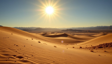 Breathtaking desert view featuring vast rolling sand dunes bathed in golden sunlight, with mountains in the background and a clear blue sky above.の素材