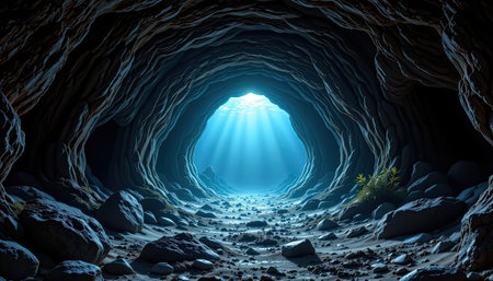 This stunning image captures the awe-inspiring beauty of an underwater cave, illuminated by soft light rays streaming through the water's surface, creating a serene and tranquil atmosphere.の素材
