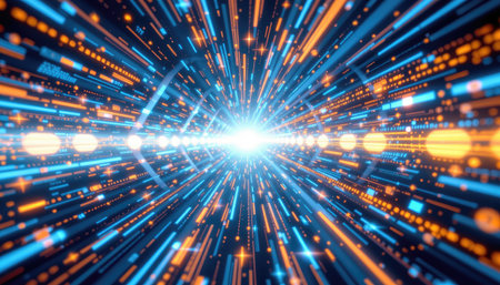This abstract image showcases vibrant blue and orange data streams converging toward a bright center, illustrating the concept of digital innovation and cosmic energy.の素材