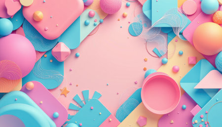 This vibrant abstract background features a collection of geometric shapes and soft pastel colors in pink and blue, ideal for dynamic creative projects.の素材