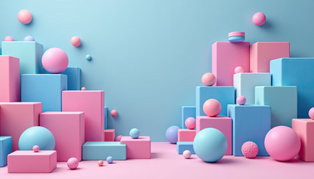 This vibrant image features a creative arrangement of geometric shapes in soft pastel colors on a minimalistic background. Perfect for artistic projects.の素材