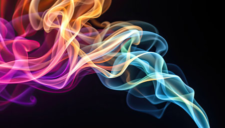 This stunning image showcases colorful smoke waves gracefully flowing in vibrant hues against a dark background, creating an abstract and captivating design.の素材