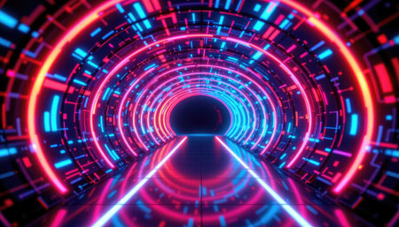 This captivating image showcases a vibrant neon light tunnel with glowing circuits, creating a futuristic atmosphere perfect for various creative projects.の素材