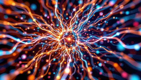 This captivating abstract image illustrates the flow of energy and light particles, showcasing vibrant colors in a mesmerizing digital space.の素材