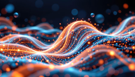 This captivating abstract image showcases dynamic waves in blue and orange hues, adorned with glowing light particles, evoking fluid motion and energy.の素材