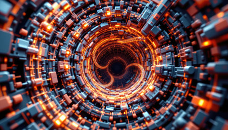 Immerse yourself in this abstract spiral tunnel featuring glowing orange lights and metallic structures, evoking a futuristic digital space.の素材