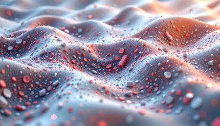 This abstract image showcases a textured surface characterized by colorful particles and shimmering drops, creating a captivating visual effect.の素材