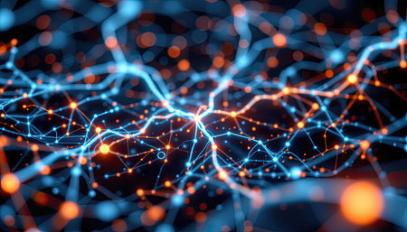 This striking abstract image features a network of interconnected nodes, illuminated with vibrant blue and orange lights against a dark backdrop, showcasing technology and data dynamics.の素材