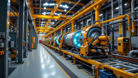 A modern industrial workshop showcasing advanced machinery and equipment designed for precision manufacturing processes. The bright interior features organized machinery and efficient workflows.の素材