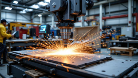 A dynamic scene capturing a precision laser cutting machine at work, generating bright sparks in a modern industrial workshop, showcasing advanced manufacturing processes.の素材
