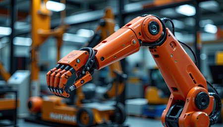 This image features a futuristic robotic arm in a state-of-the-art automation facility, emphasizing advanced engineering and industrial capabilities. The striking orange color highlights the innovative design used in modern manufacturing processes.の素材
