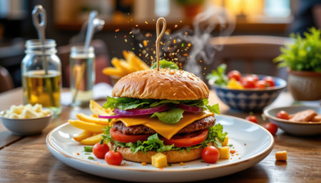 A mouthwatering homemade hamburger topped with fresh vegetables, melted cheese, and served alongside crispy fries, perfect for any meal.の素材