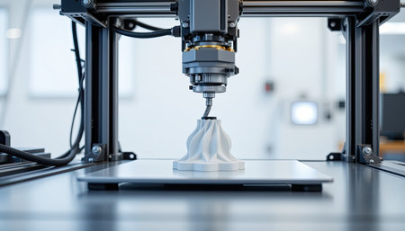 A state-of-the-art 3D printer is producing an intricate white prototype, showcasing the intersection of technology and innovation in a modern workshop setting.の素材