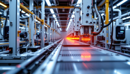 This image showcases a high-tech manufacturing setup featuring robotic arms working along a conveyor line, highlighting the efficiency and innovation in modern industry.の素材