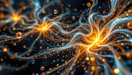 Stunning abstract image showcasing dynamic flow of light and energy, featuring glowing orbs and swirling patterns against a dark backdrop.の素材