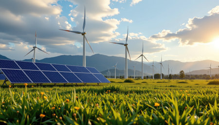 A scenic view showcasing wind turbines and solar panels against a vibrant blue sky, symbolizing the future of renewable energy and sustainability.の素材