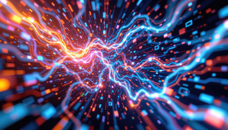 A mesmerizing abstract digital stream featuring radiant colorful light and floating data particles in a futuristic space. Perfect for technology-themed projects.の素材