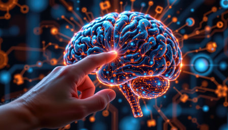 A close-up view of a human hand reaching toward a glowing digital brain. This image represents the intersection of technology and artificial intelligence, showcasing neural connections and innovative interaction.の素材