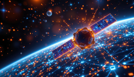This futuristic image showcases a satellite in orbit around Earth, surrounded by glowing connections in a cosmic background, representing advanced technology.の素材