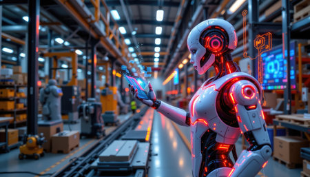 A futuristic robot with neon accents stands in a high-tech factory, engaging with a digital device amidst advanced machinery, showcasing innovation and automation.の素材